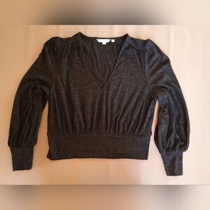 Boden Womens Cropped Knit Shirt V Neck Sweater Top Sparkle US 14 Black Gold